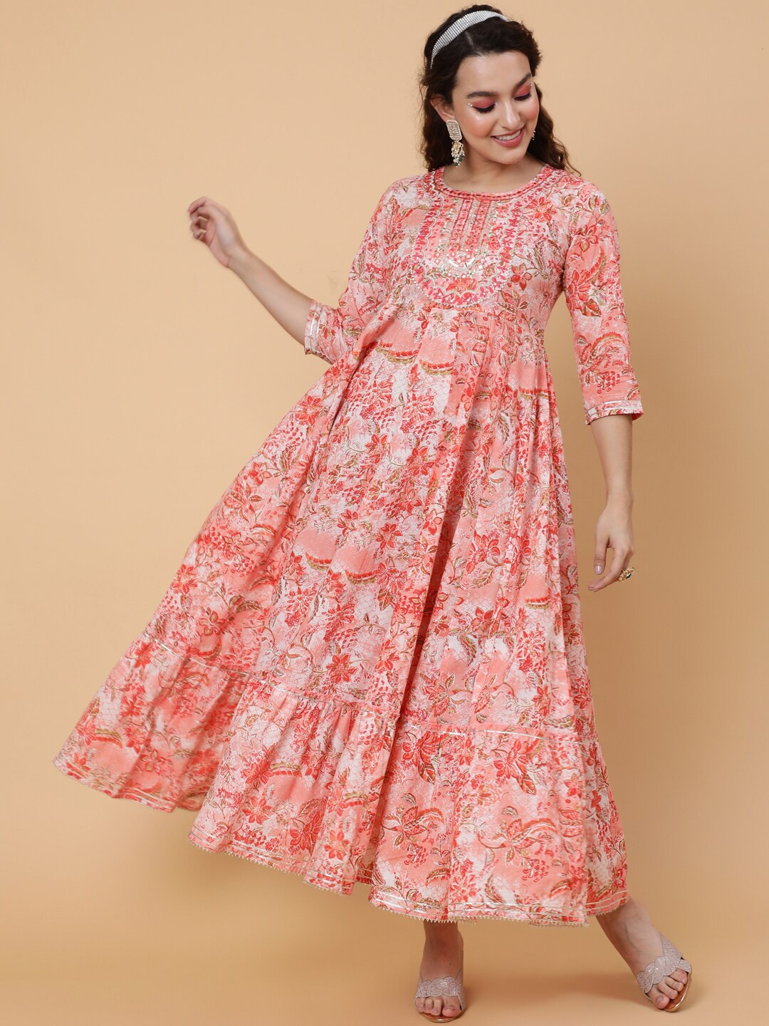 

KIMAYRA Floral Printed Embroidered Detail Fit and Flare Maxi Ethnic Dress, Peach