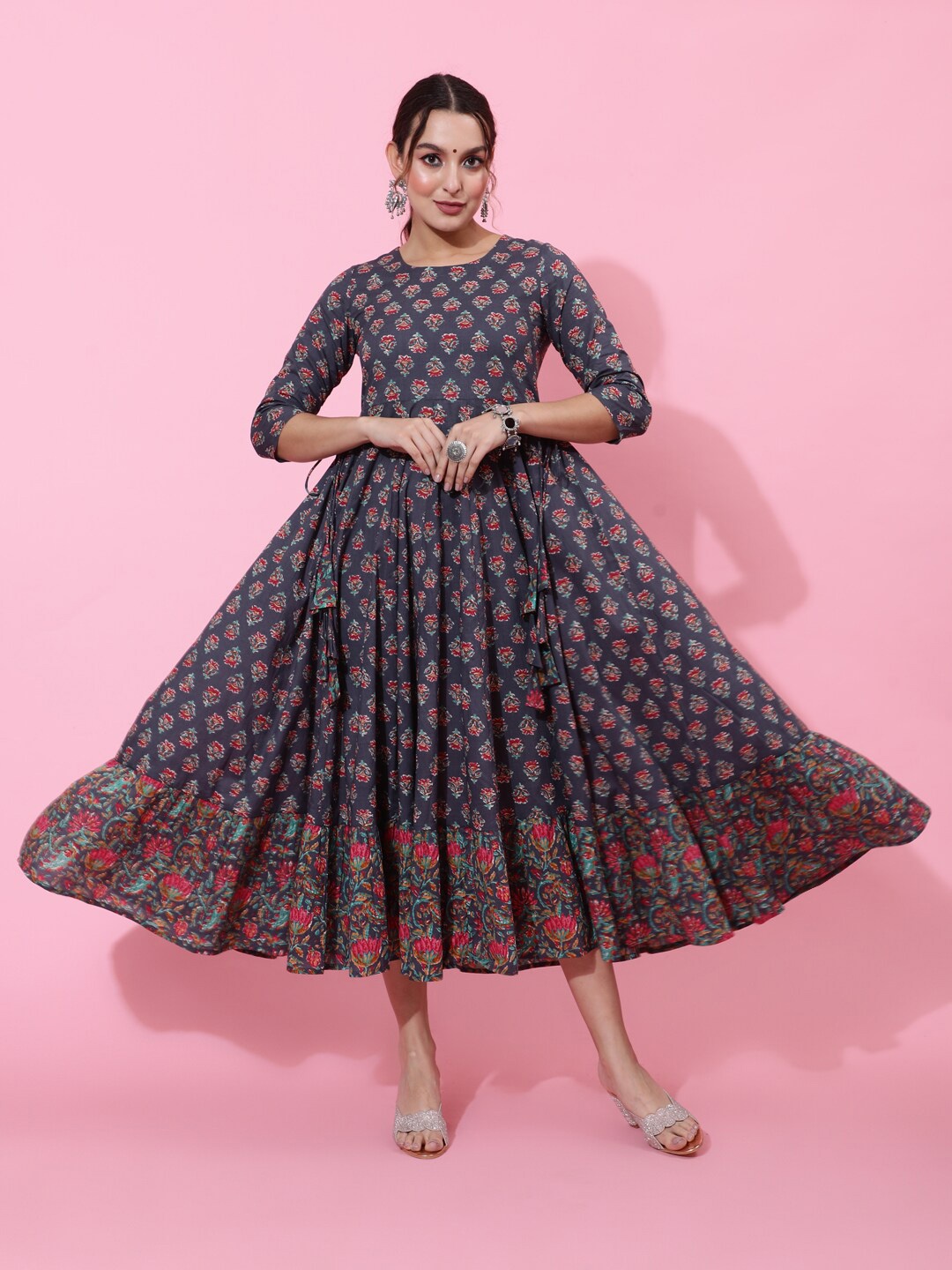 

KIMAYRA Floral Printed Fit & Flare Cotton Ethnic Dresses, Grey