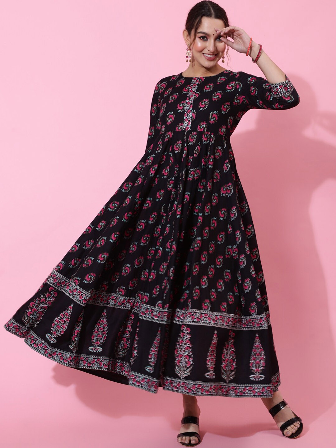 

KIMAYRA Ethnic Motifs Printed Cotton Fit and Flare Maxi Ethnic Dress, Black