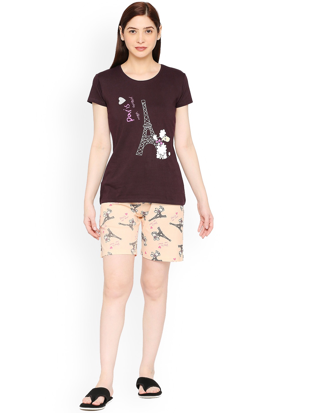 

zebu Graphic Printed Round Neck Short Sleeves Pure Cotton T-Shirt & Shorts, Beige