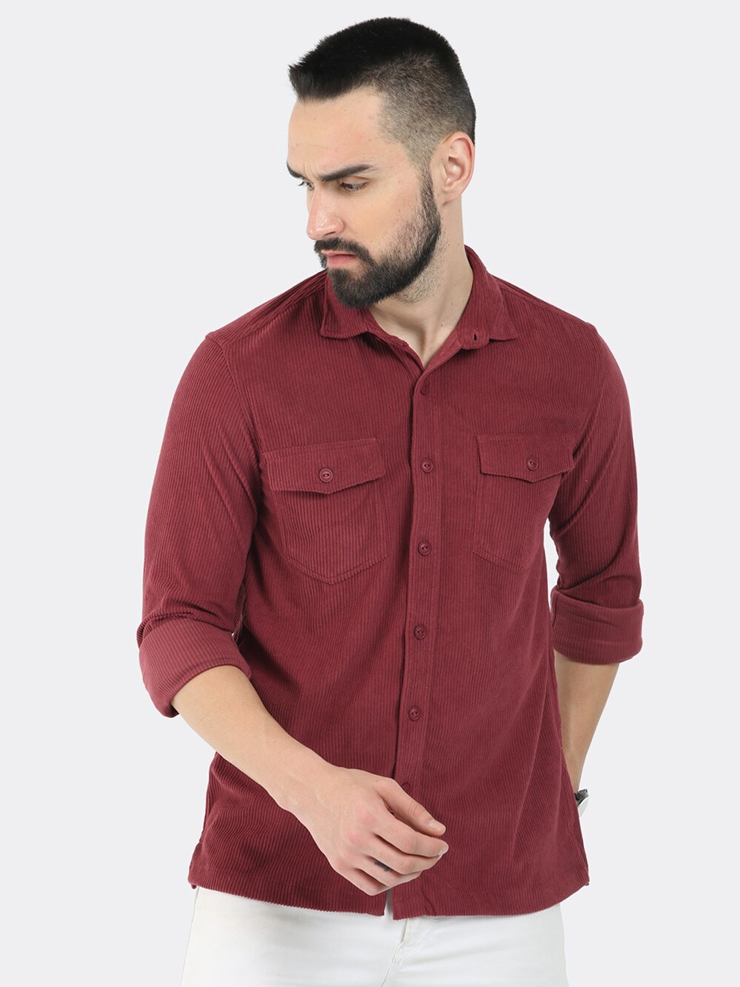 

BADMAASH Comfort Slim Fit Corduroy Casual Shirt, Maroon