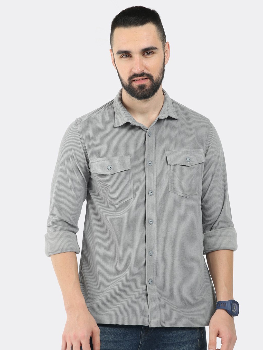 

BADMAASH Comfort Slim Fit Spread Collar Corduroy Casual Shirt, Grey