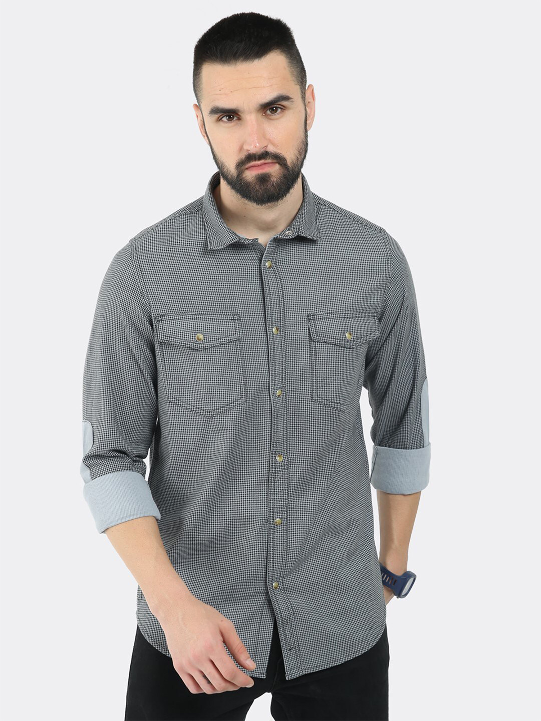 

BADMAASH Comfort Slim Fit Micro Checks Cotton Casual Shirt, Grey