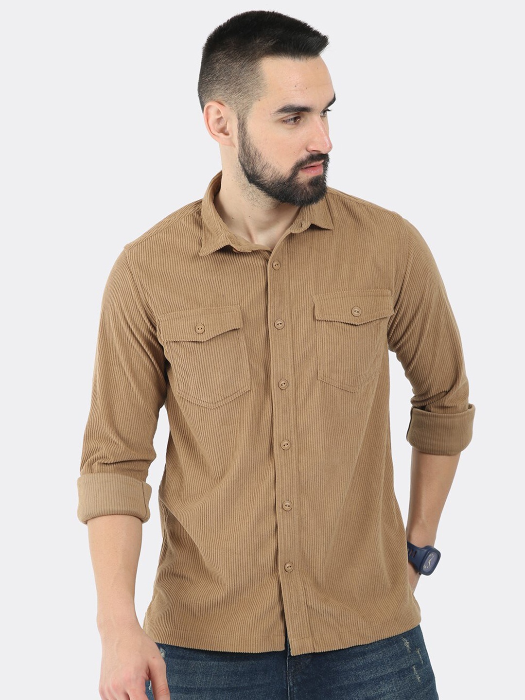 

BADMAASH Comfort Slim Fit Corduroy Casual Shirt, Beige