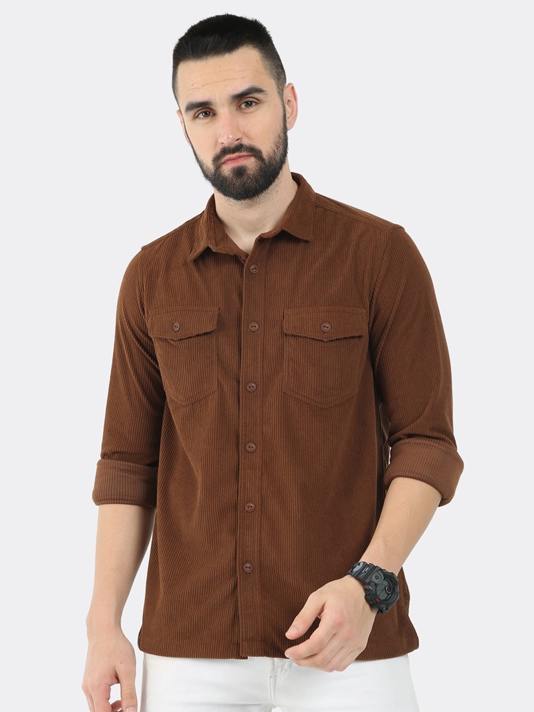 

BADMAASH Comfort Slim Fit Textured Striped Corduroy Casual Shirt, Brown
