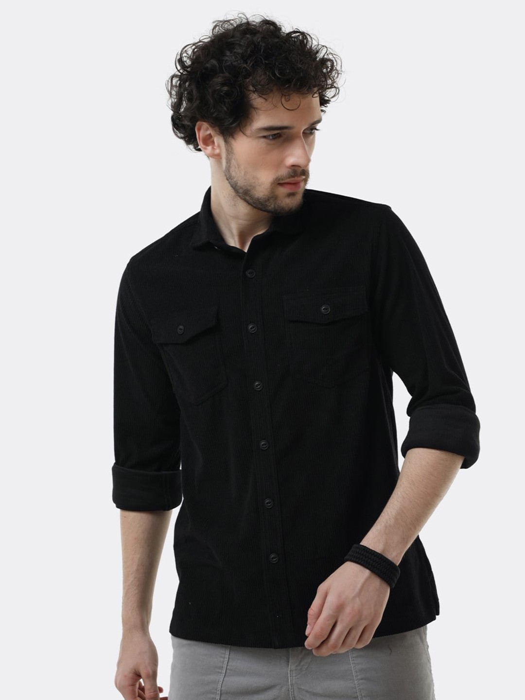 

BADMAASH Comfort Slim Fit Corduroy Casual Shirt, Black