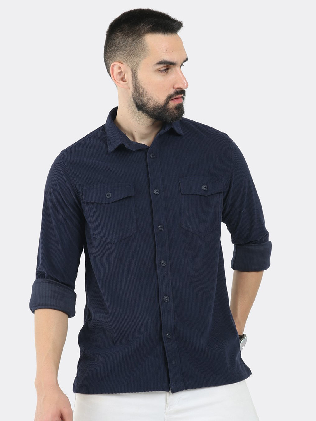 

BADMAASH Comfort Slim Fit Textured Corduroy Casual Shirt, Navy blue