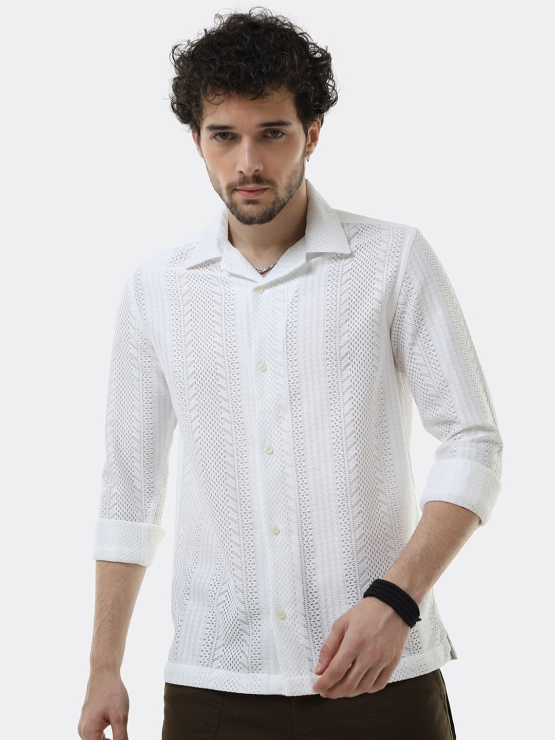 

BADMAASH Crochet Comfort Slim Fit Cuban Collar Casual Shirt, White