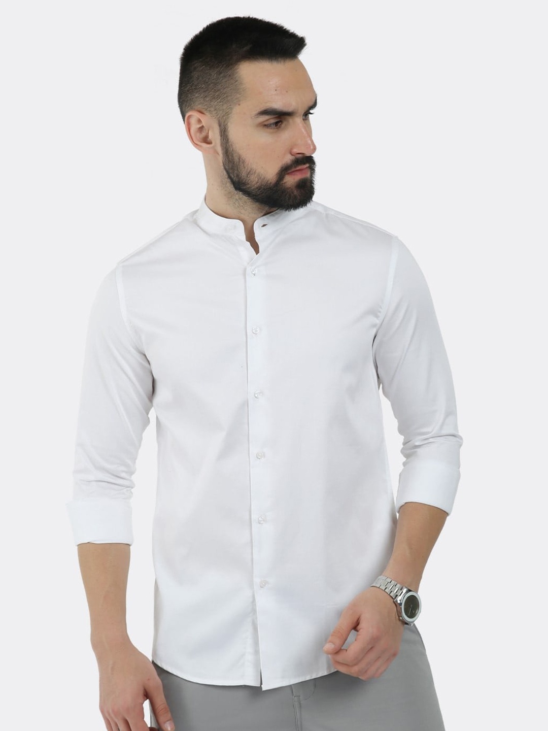 

BADMAASH Band Collar Comfort Slim Fit Casual Satin Shirt, White
