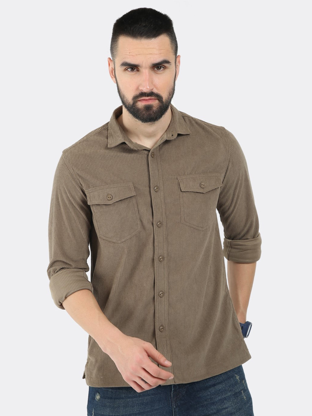 

BADMAASH Comfort Slim Fit Textured Stripes Corduroy Casual Shirt, Green