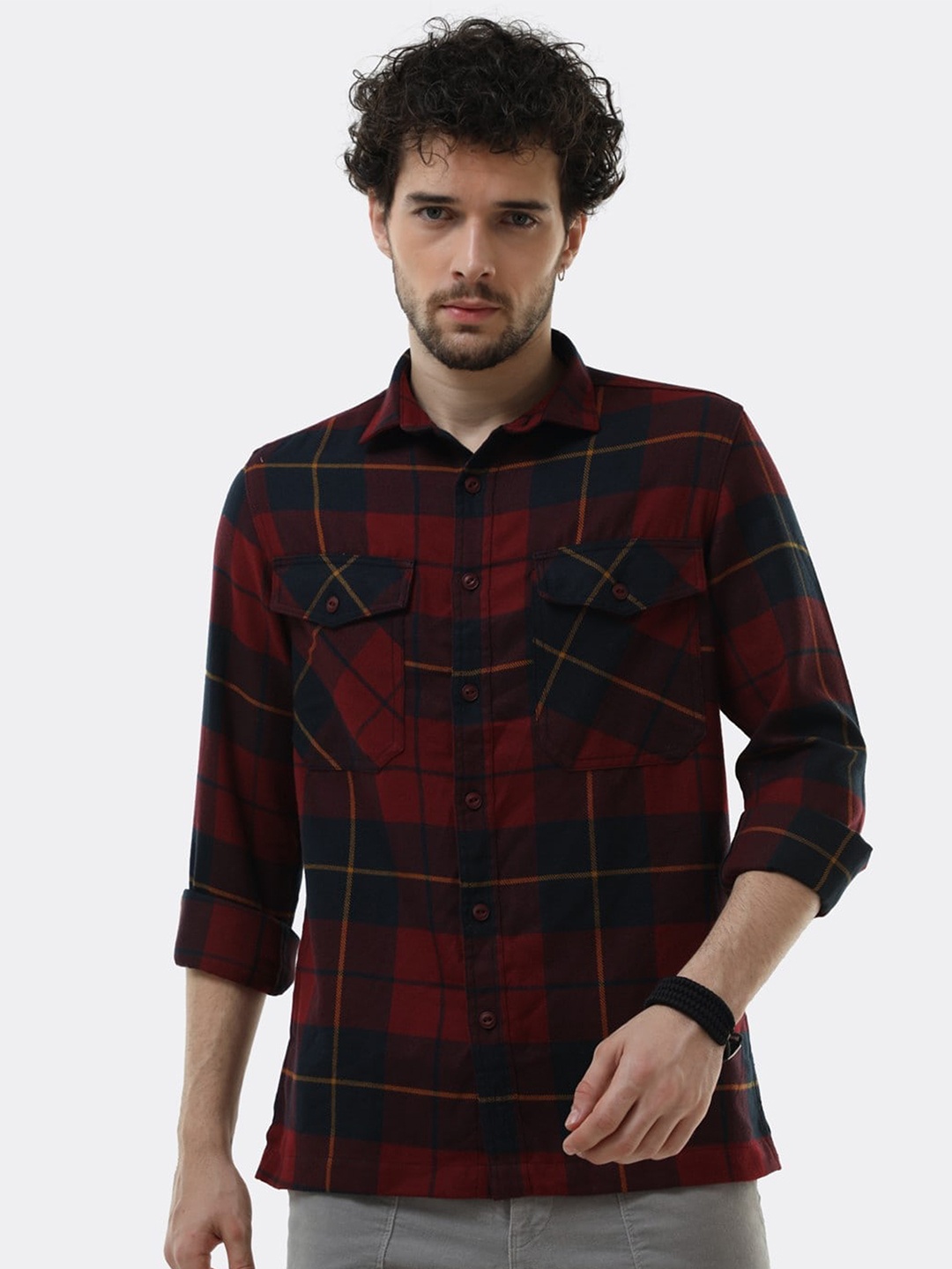 

BADMAASH Spread Collar Comfort Slim Fit Checked Casual Cotton Shirt, Maroon