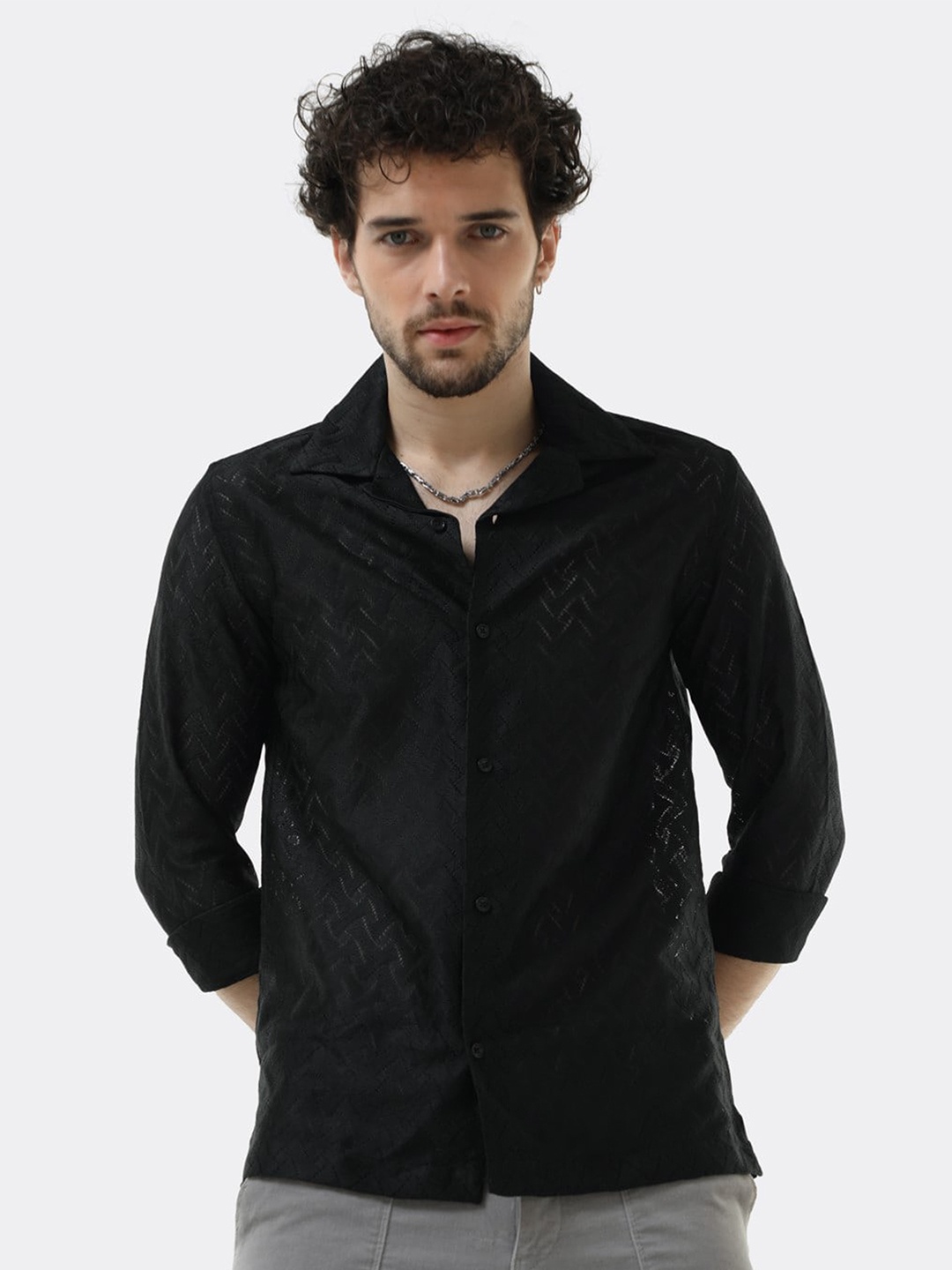 

BADMAASH Comfort Slim Fit Cuban Collar Cotton Casual Shirt, Black