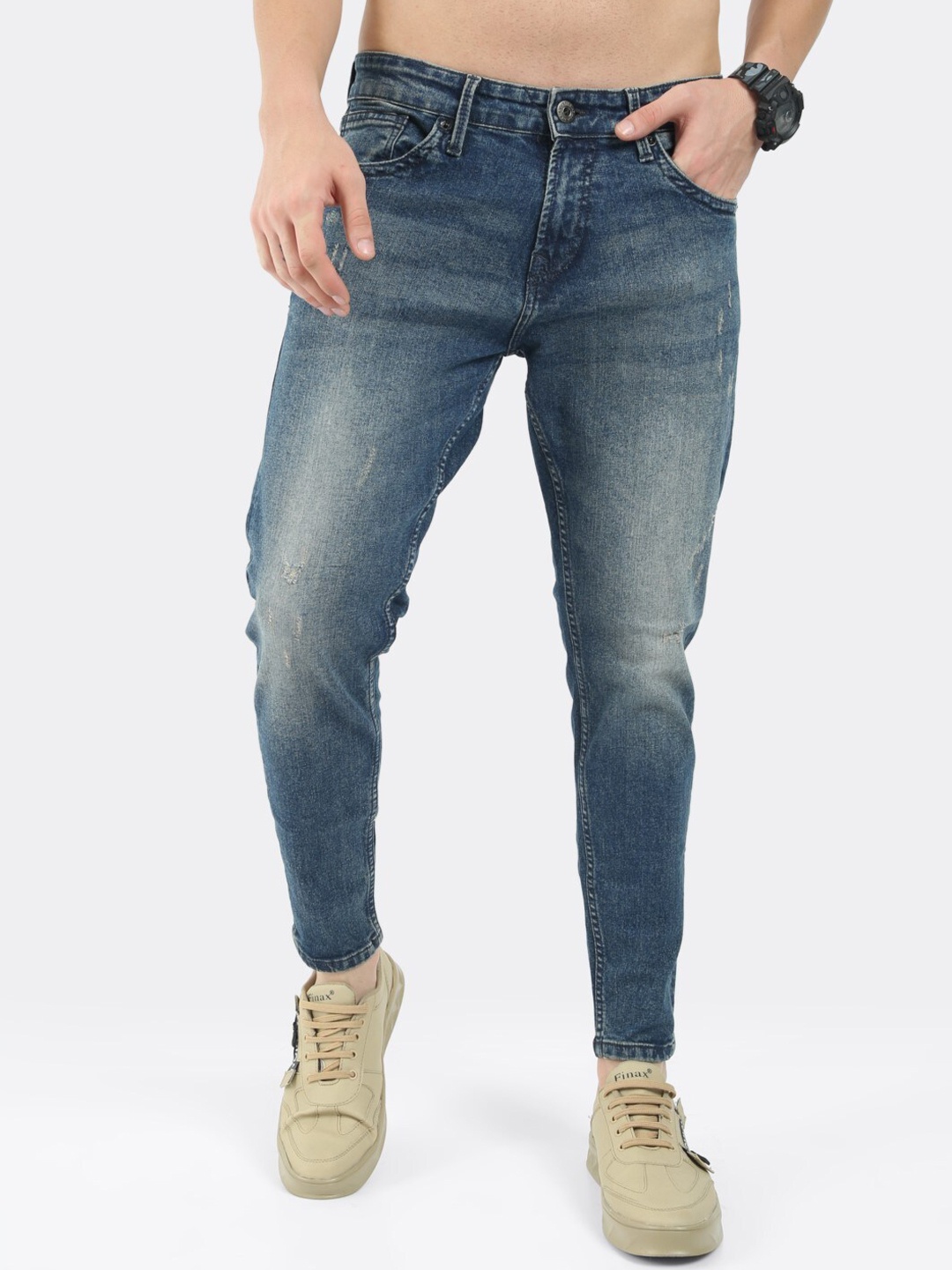 

BADMAASH Men Jean Skinny Fit Mid-Rise Low Distress Light Fade Cotton Jeans, Blue