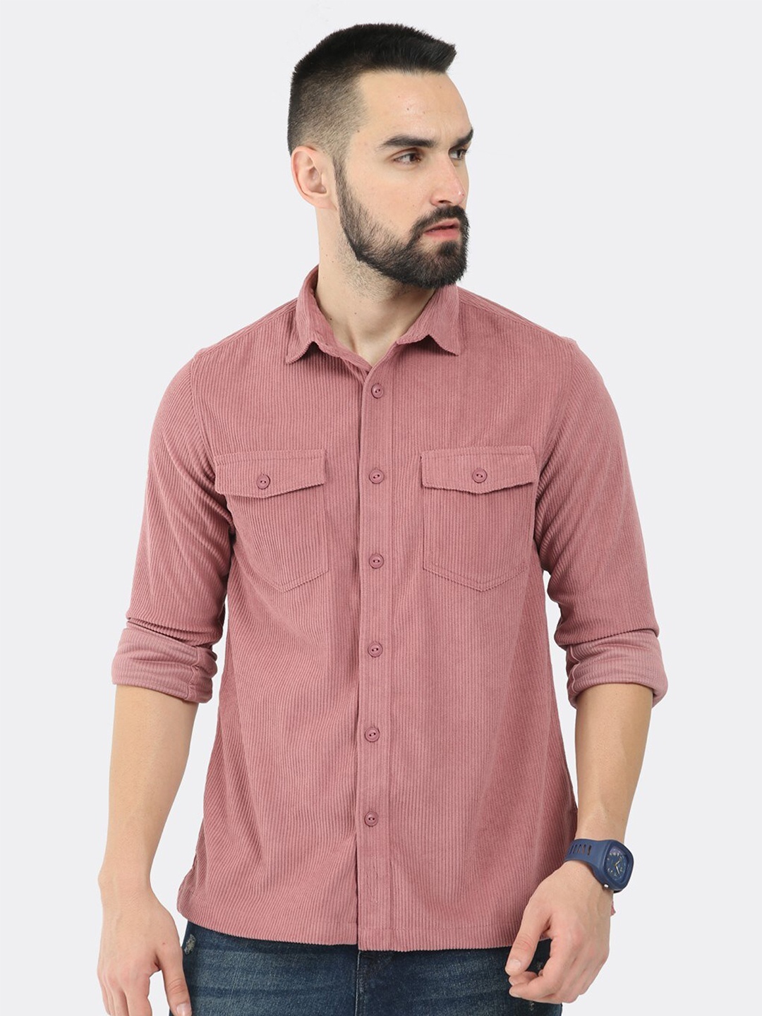 

BADMAASH Comfort Slim Fit Vertical Stripes Corduroy Casual Shirt, Pink