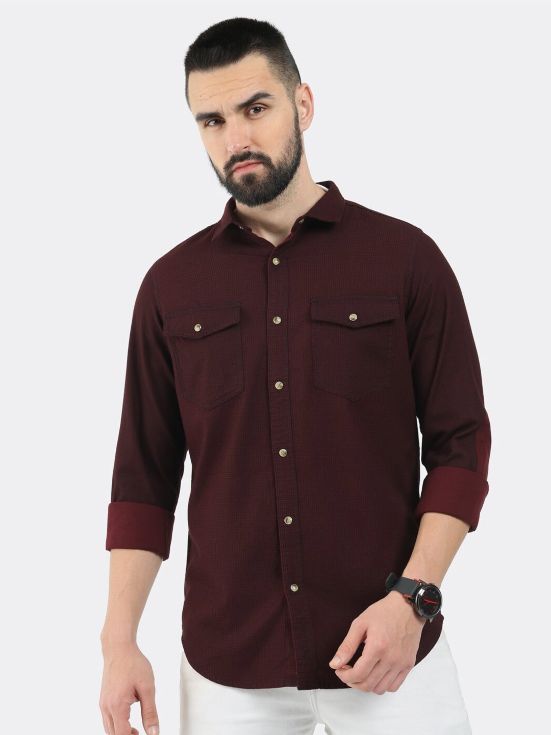 

BADMAASH Spread Collar Comfort Slim Fit Casual Cotton Shirt, Maroon