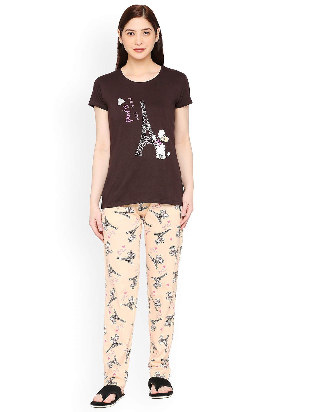 

zebu Graphic Printed Round Neck Short Sleeves Pure Cotton T-Shirt & Pyjamas, Beige