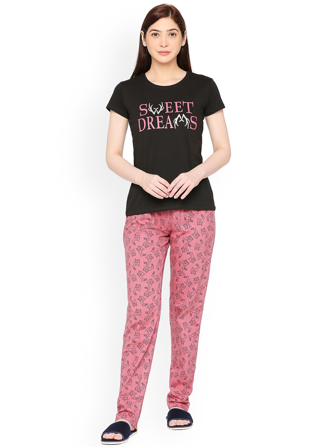 

zebu Typographic Printed Pure Cotton Night suit, Black