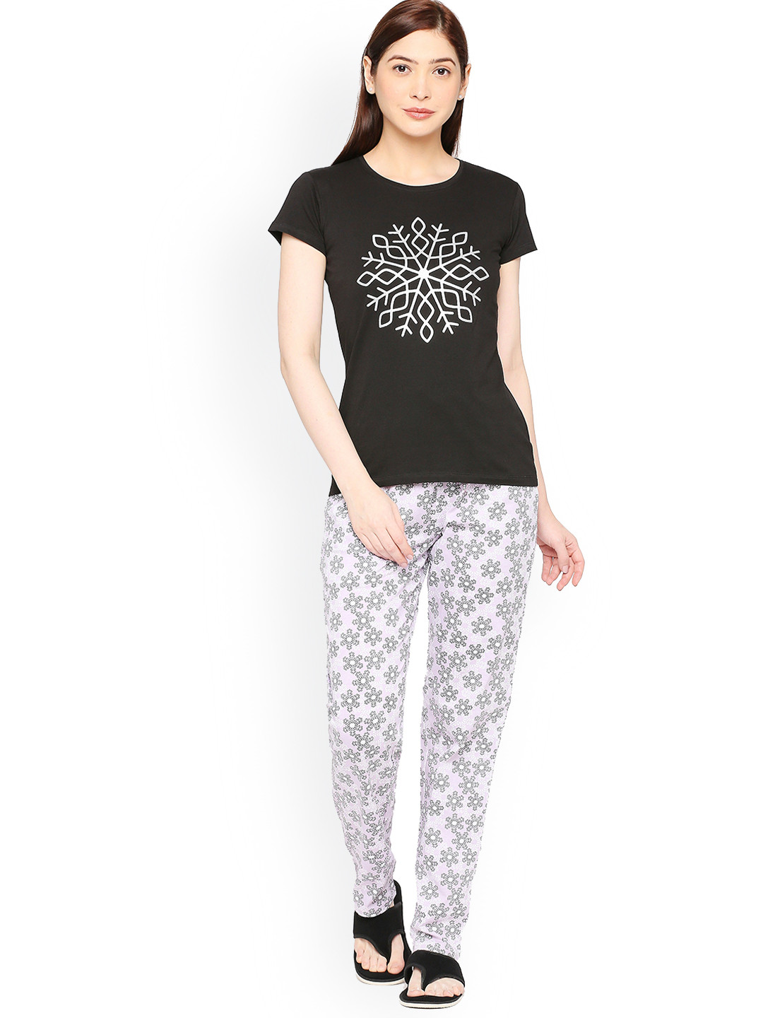 

zebu Geometric Printed Round Neck Short Sleeves Pure Cotton T-shirt & Pyjamas, Black