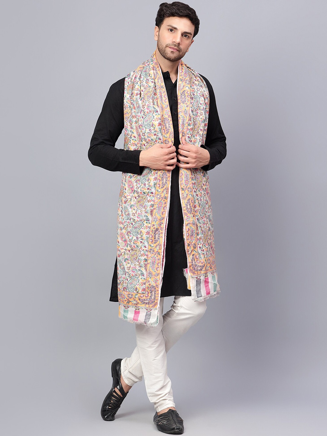 

Mizash Men Paisley Printed Woollen Shawl, White
