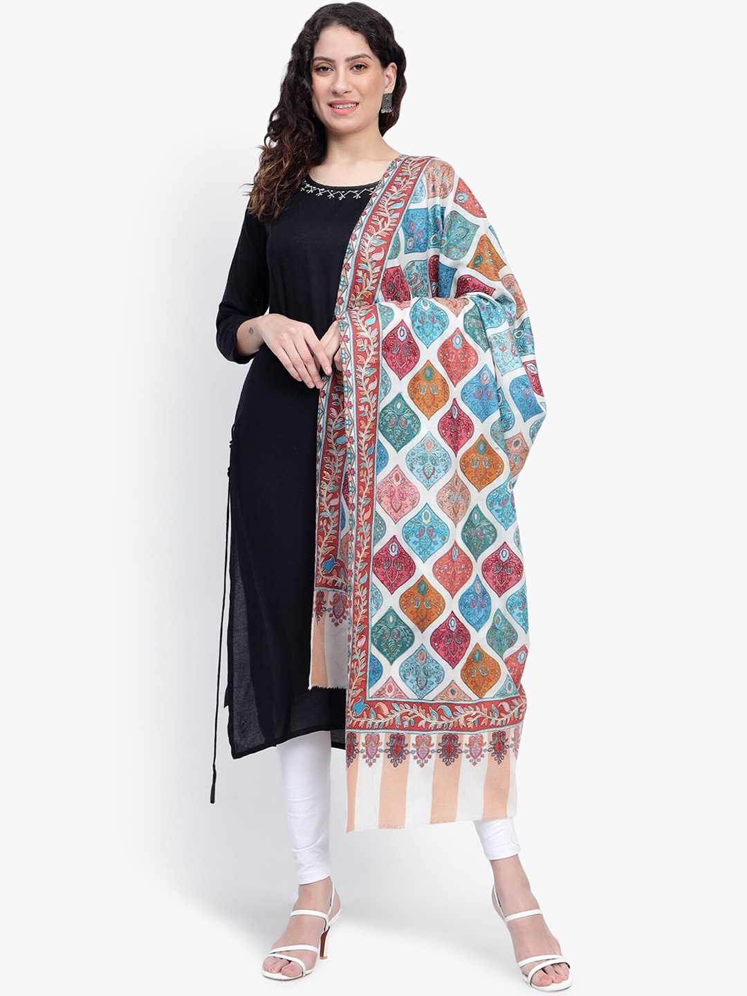 

Mizash Ethnic Motifs Printed Kalamkari Fine Wool Pashmina Shawl, White