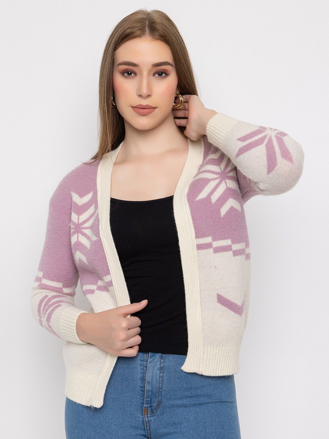 

ARMISTO Snow Flake Pattern Fuzzy Front-Open Sweater, Pink