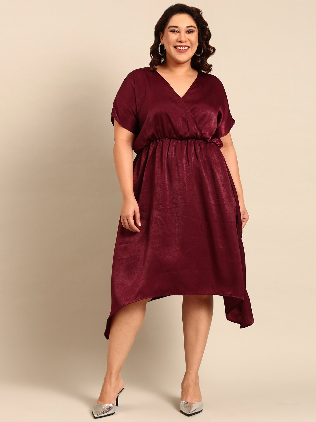 

The Pink Moon Plus Size V-Neck Extended Sleeves Fit & Flare Midi Dress, Maroon