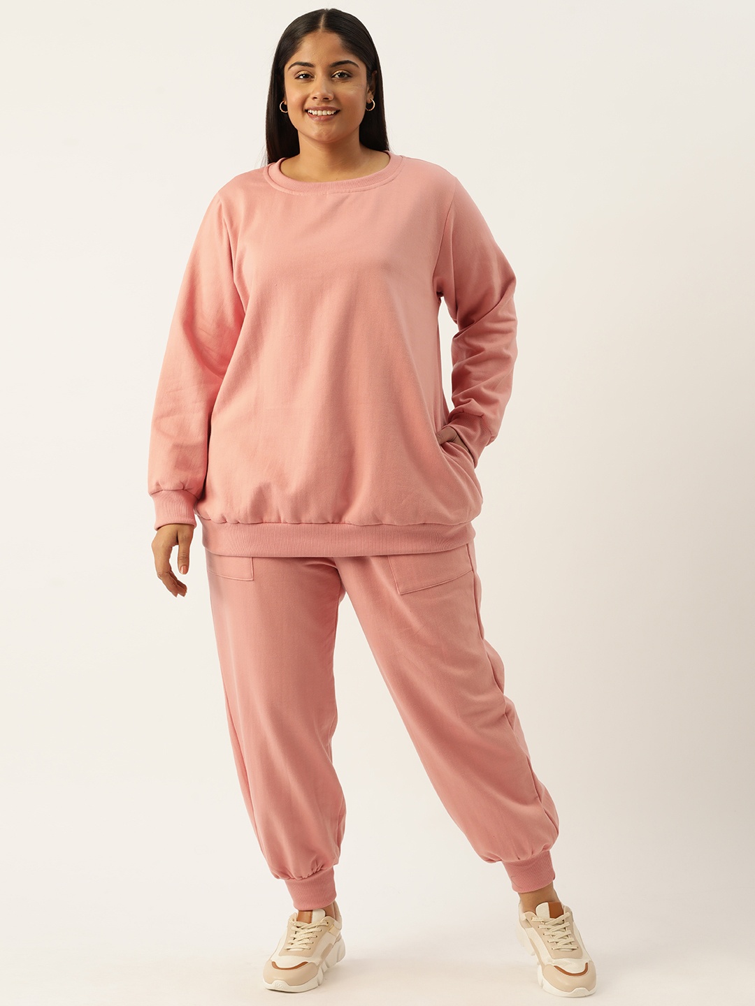 

theRebelinme Women Plus Size Solid Sweatshirt with Joggers, Pink