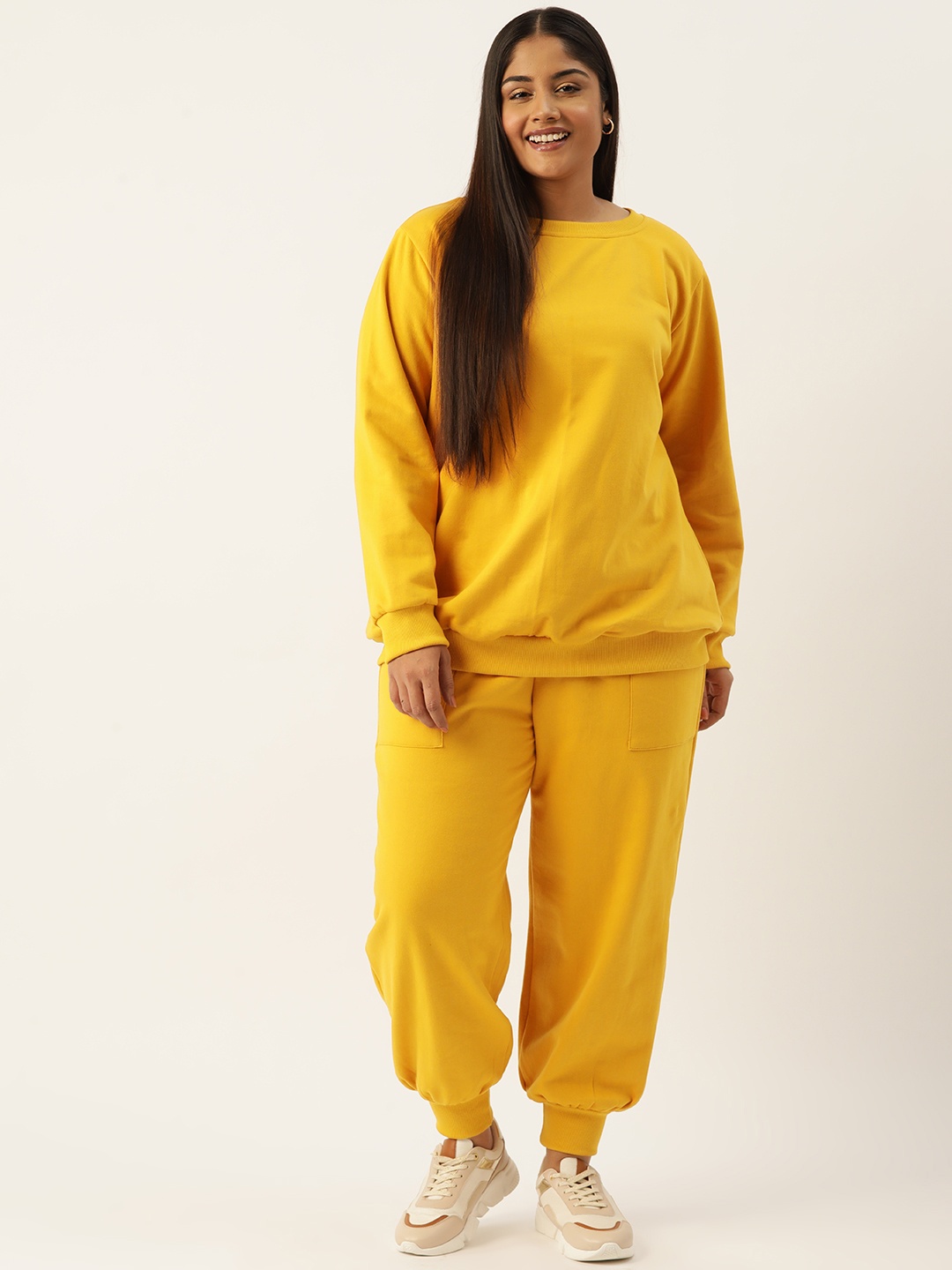 

theRebelinme Women Plus Size Solid Sweatshirt with Joggers, Yellow