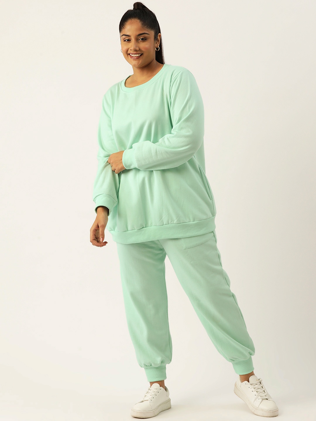 

theRebelinme Women Plus Size Solid Sweatshirt with Joggers, Sea green