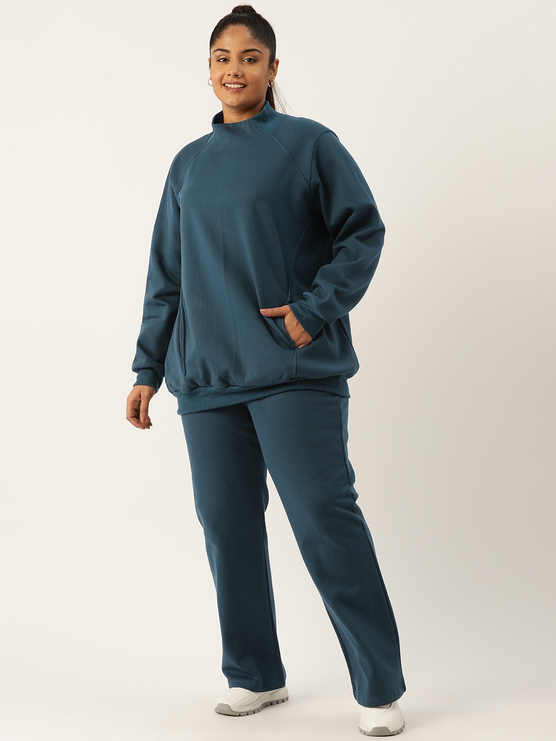 

theRebelinme Women Plus Size Solid Sweatshirt with Track Pants, Teal
