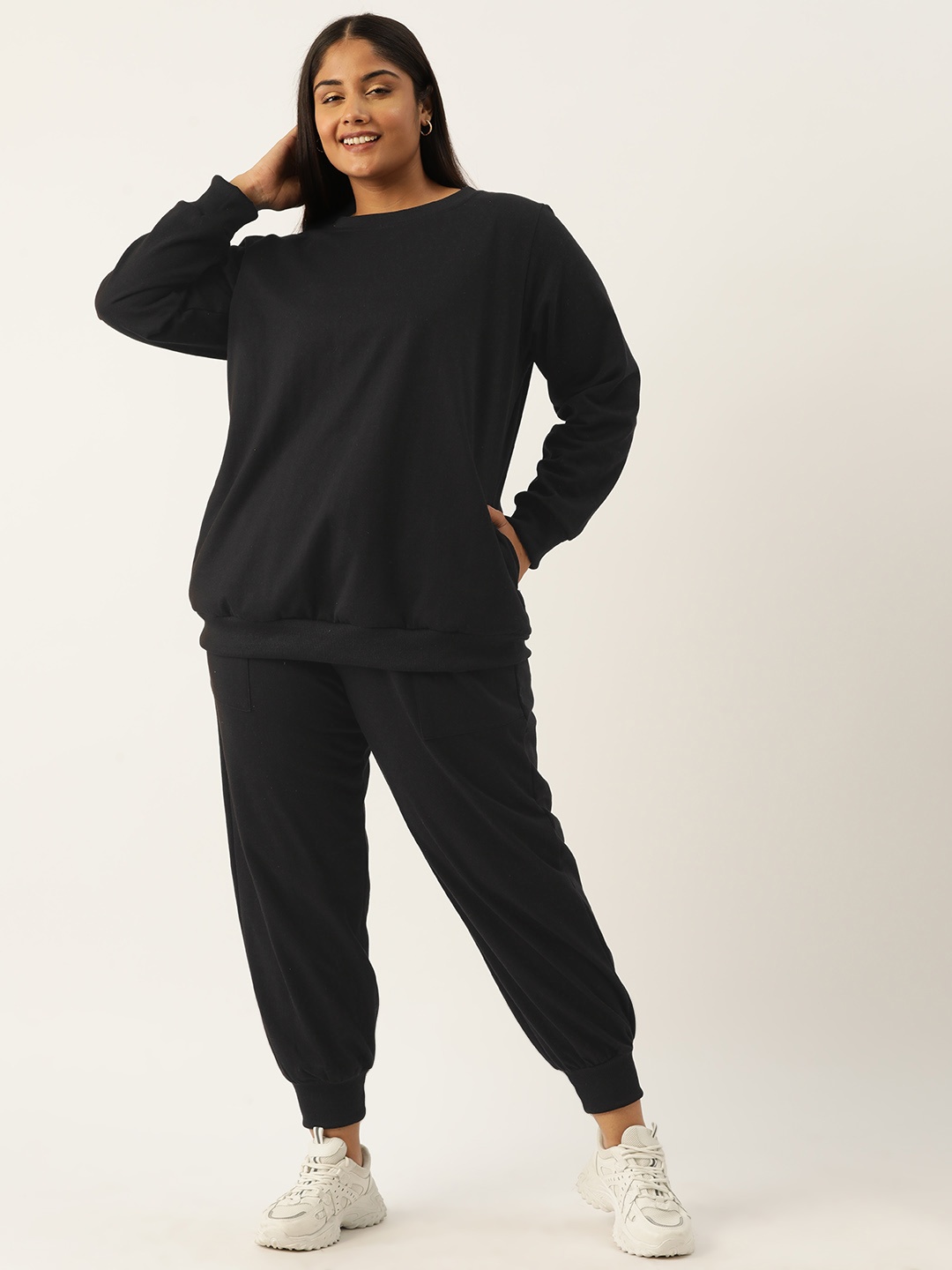 

theRebelinme Women Plus Size Solid Sweatshirt with Joggers, Black
