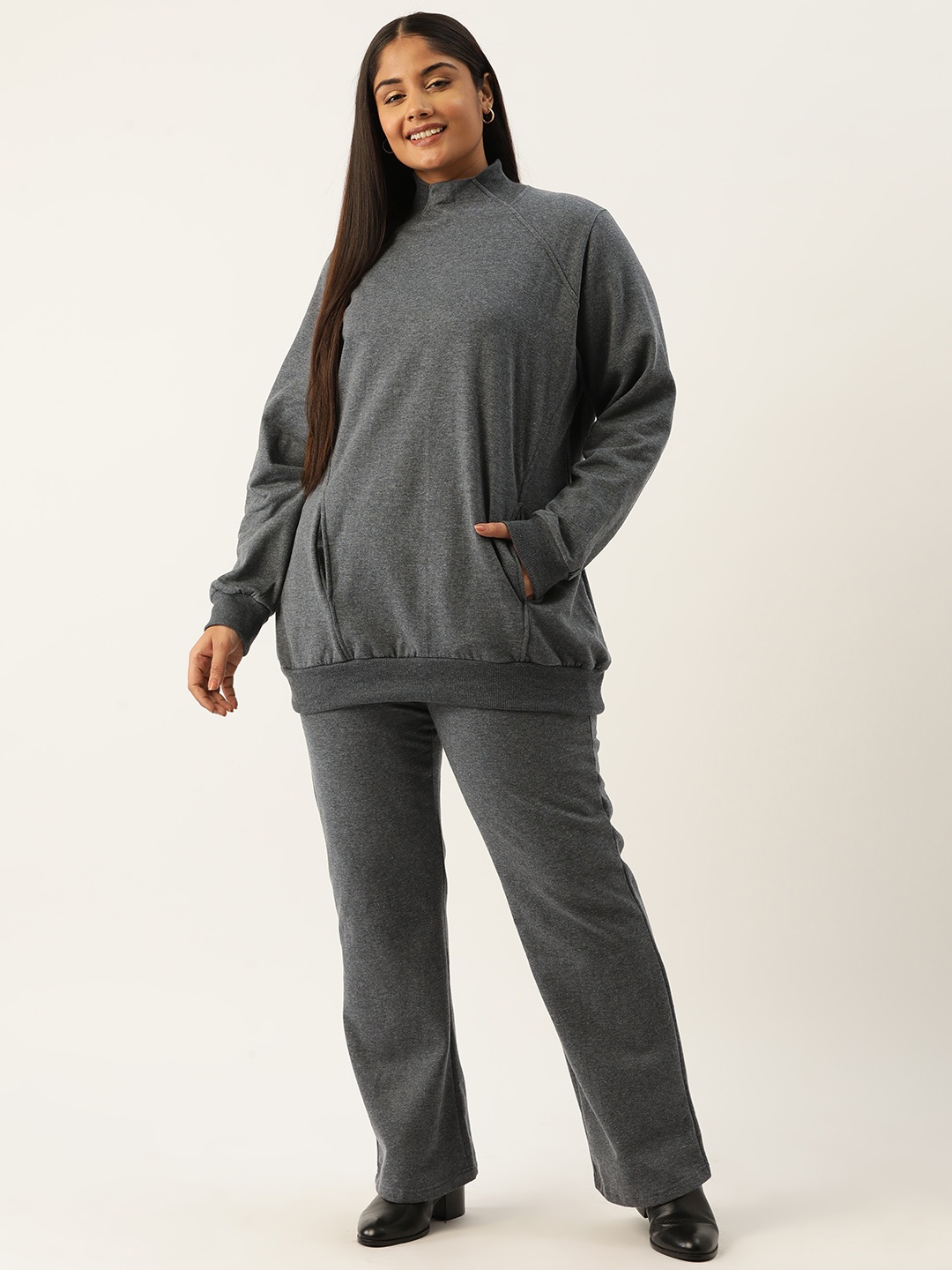 

theRebelinme Women Plus Size Solid Sweatshirt with Track Pants, Charcoal