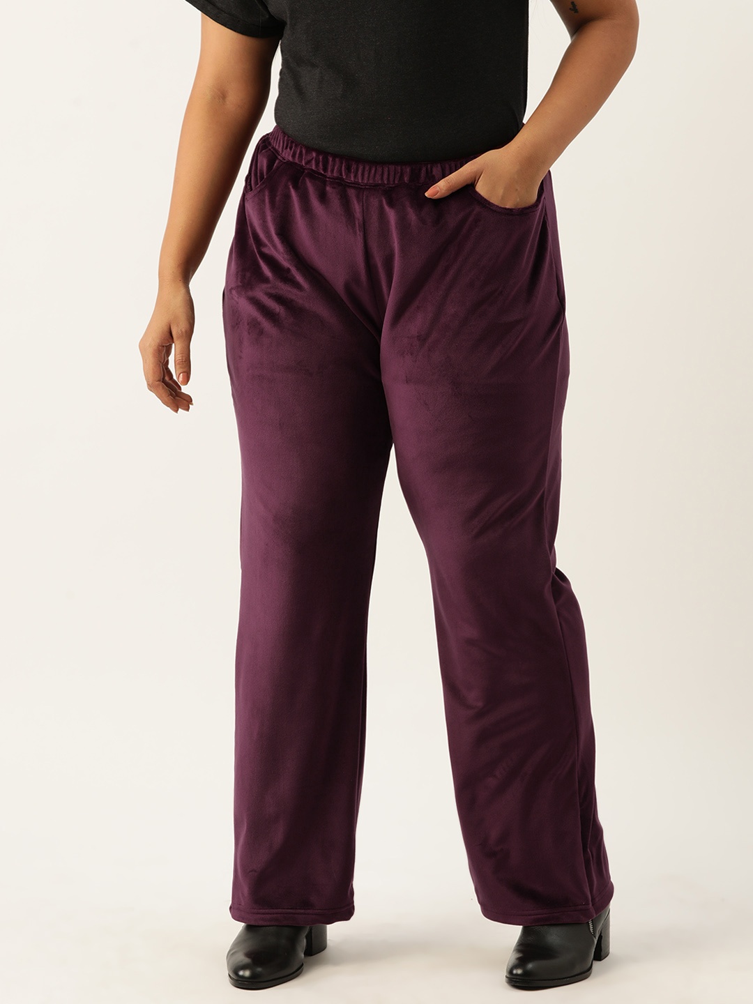 

theRebelinme Women Plus Size Relaxed High-Rise Easy Wash Trousers, Burgundy