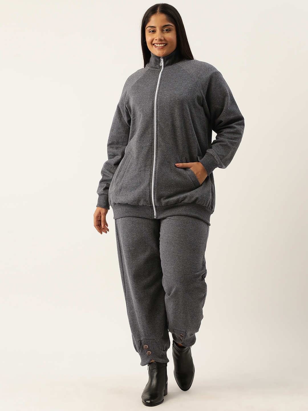 

theRebelinme Women Plus Size Solid Sweatshirt with Joggers, Charcoal