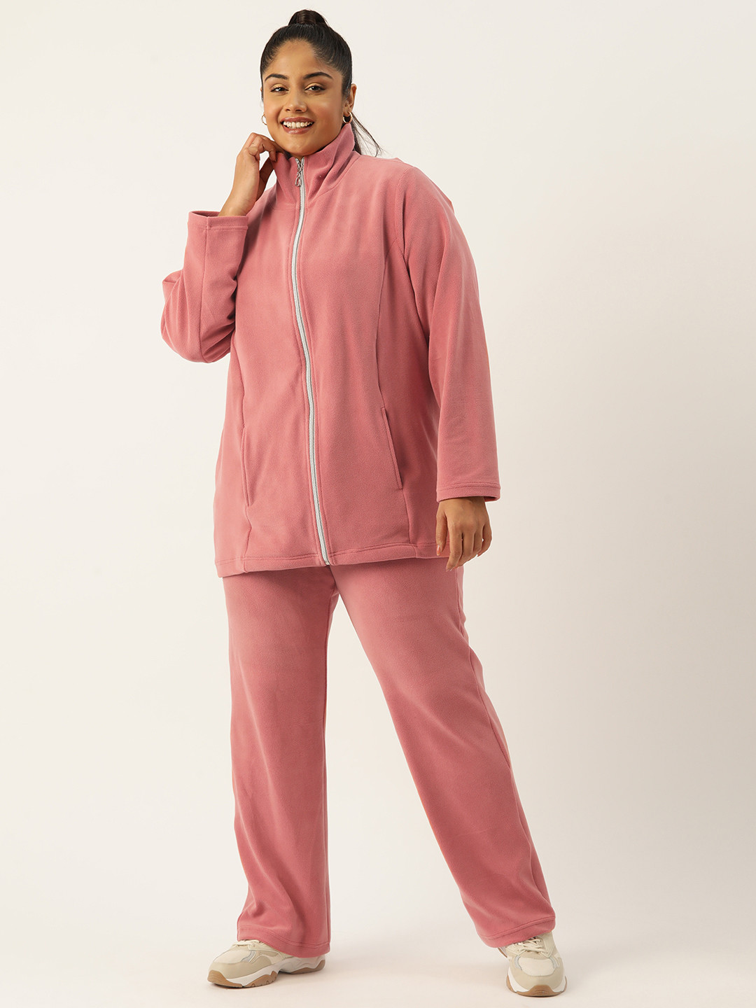 

theRebelinme Women Plus Size Solid Track Suit, Pink