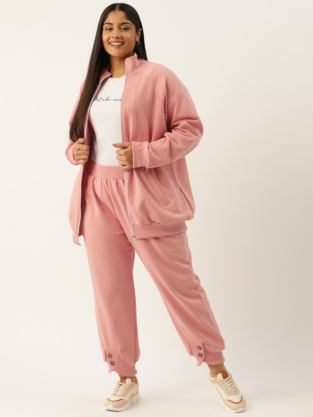 

theRebelinme Women Plus Size Solid Track Suit, Pink