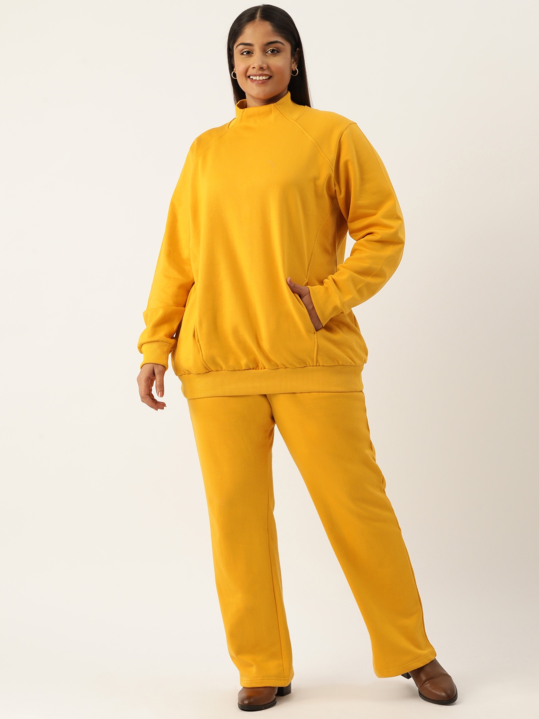 

theRebelinme Women Plus Size Solid Sweatshirt with Track Pants, Yellow