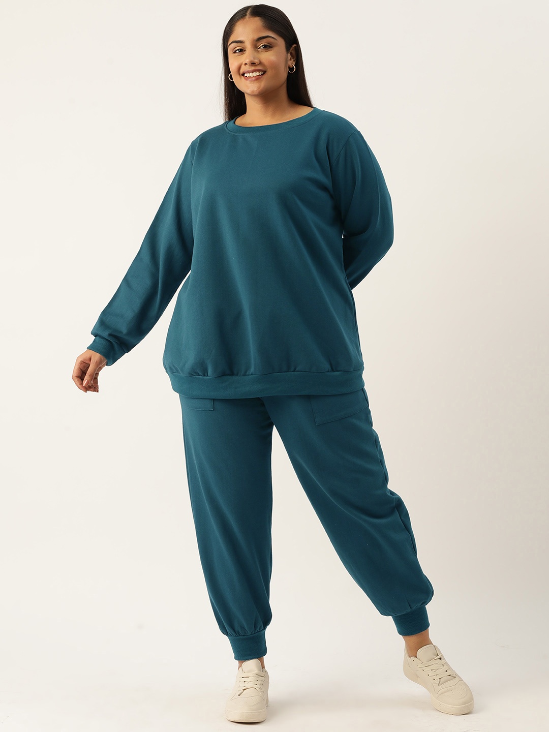 

theRebelinme Women Plus Size Solid Sweatshirt with Joggers, Teal