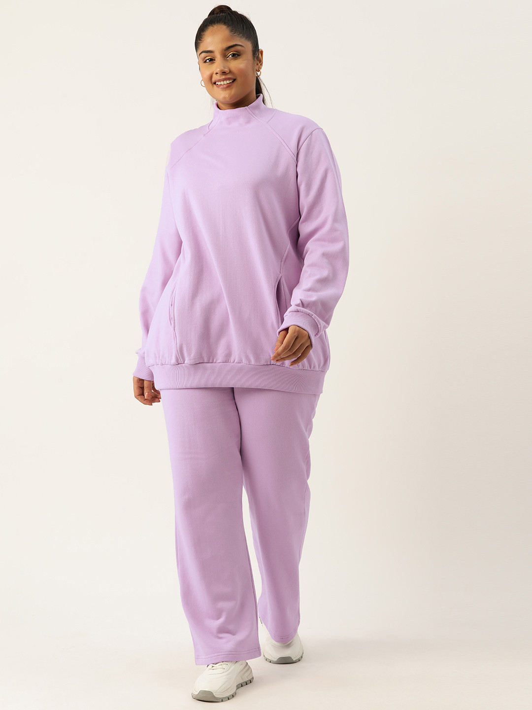 

theRebelinme Women Plus Size Solid Sweatshirt with Track Pants, Lavender