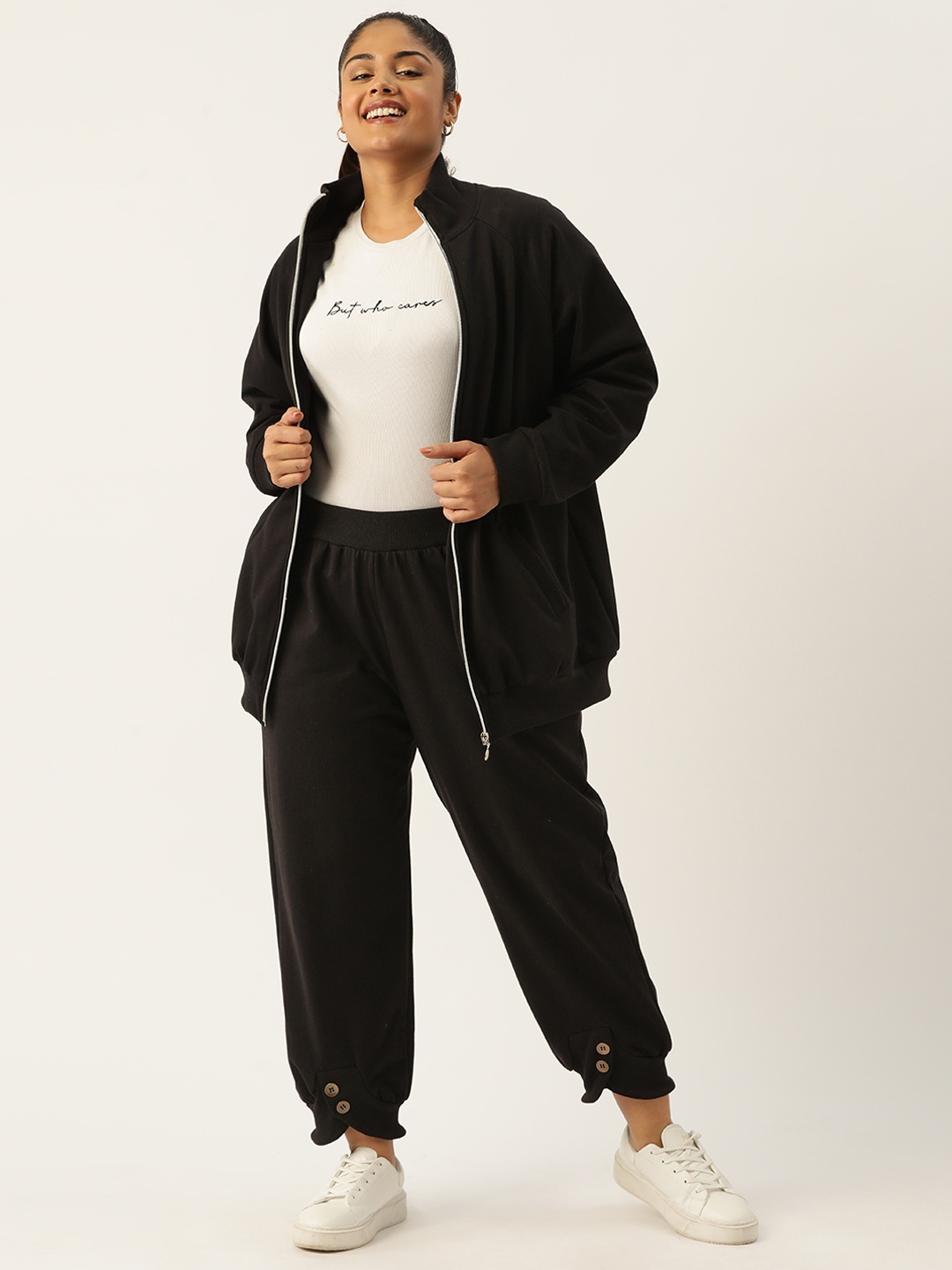 

theRebelinme Women Plus Size Solid Sweatshirt with Joggers, Black