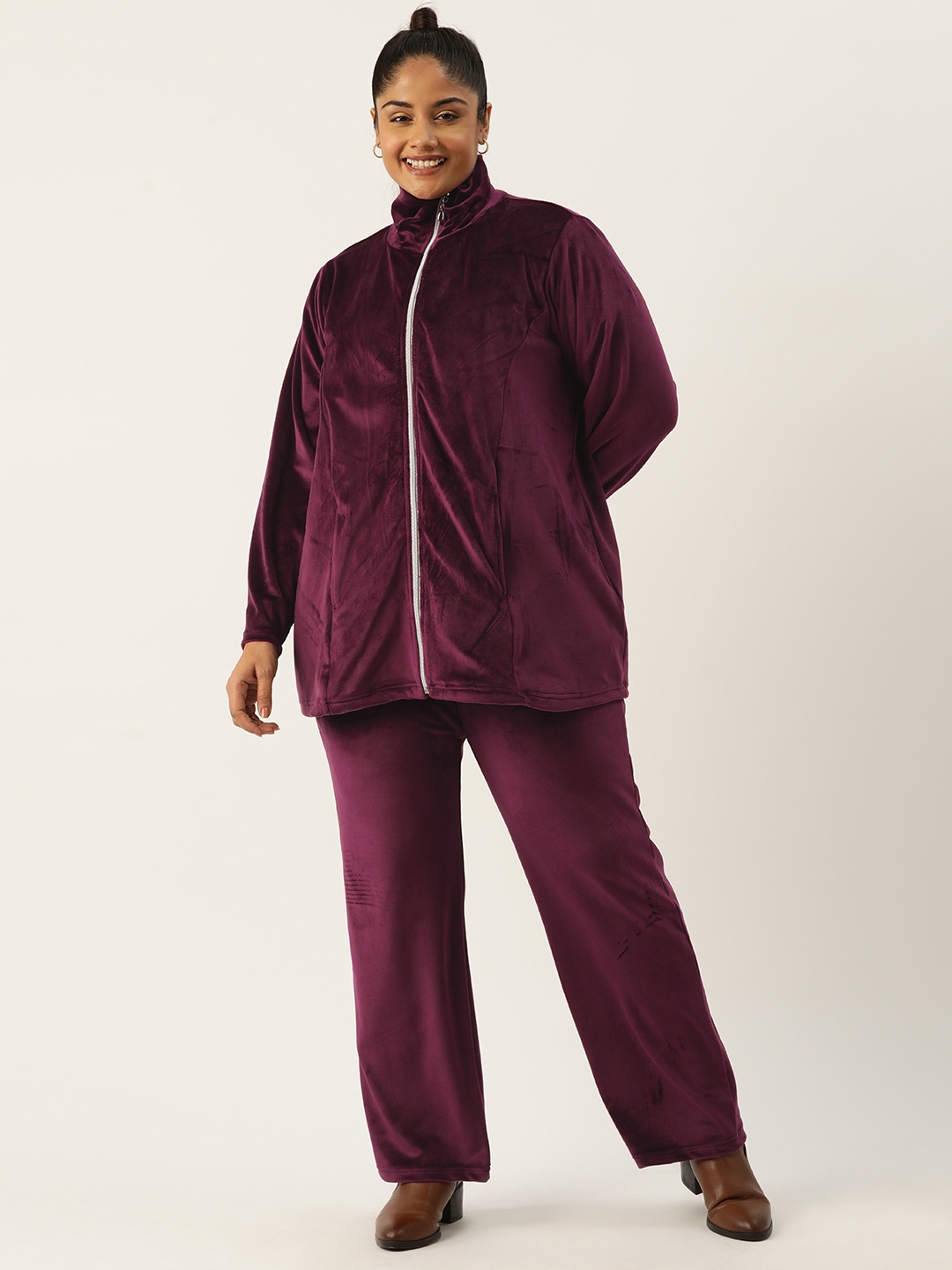 

theRebelinme Women Plus Size Solid Track Suit, Burgundy