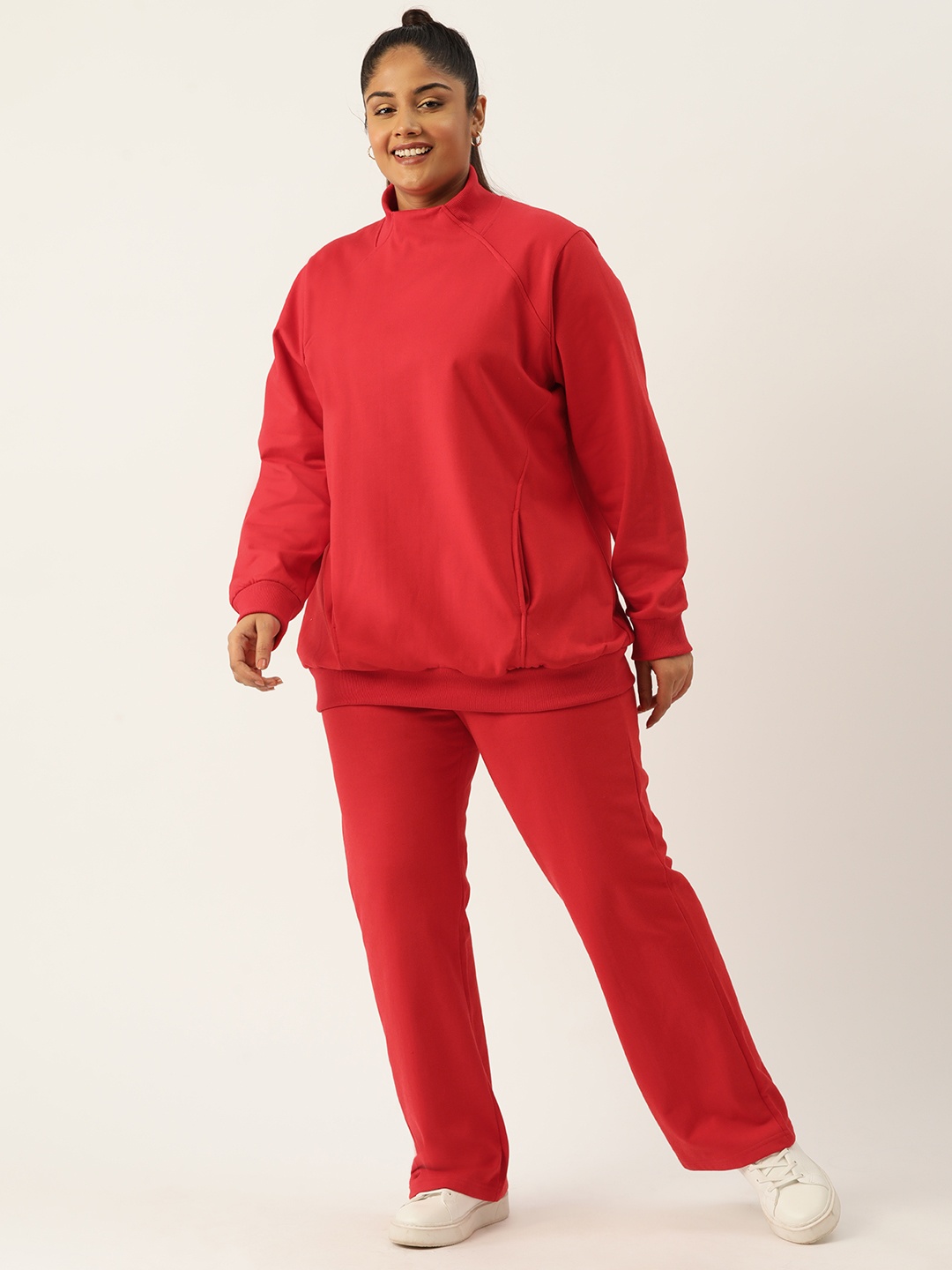 

theRebelinme Women Plus Size Solid Track Suit, Red