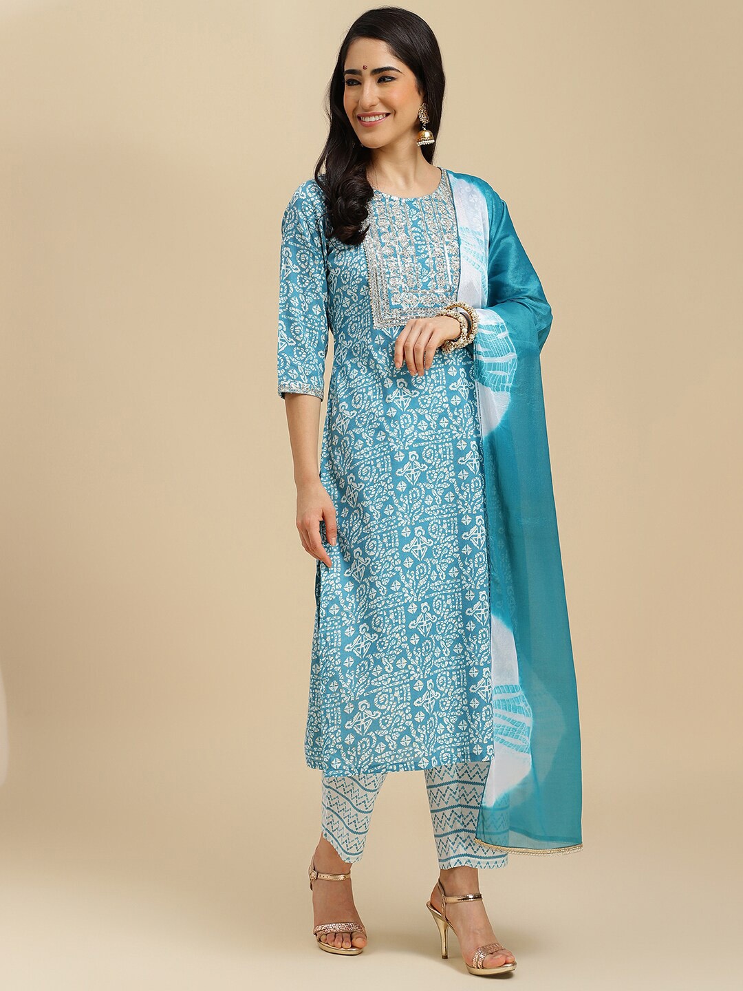 

J Turritopsis Ethnic Motifs Printed Sequinned Regular Kurta With Trousers & Dupatta, Blue
