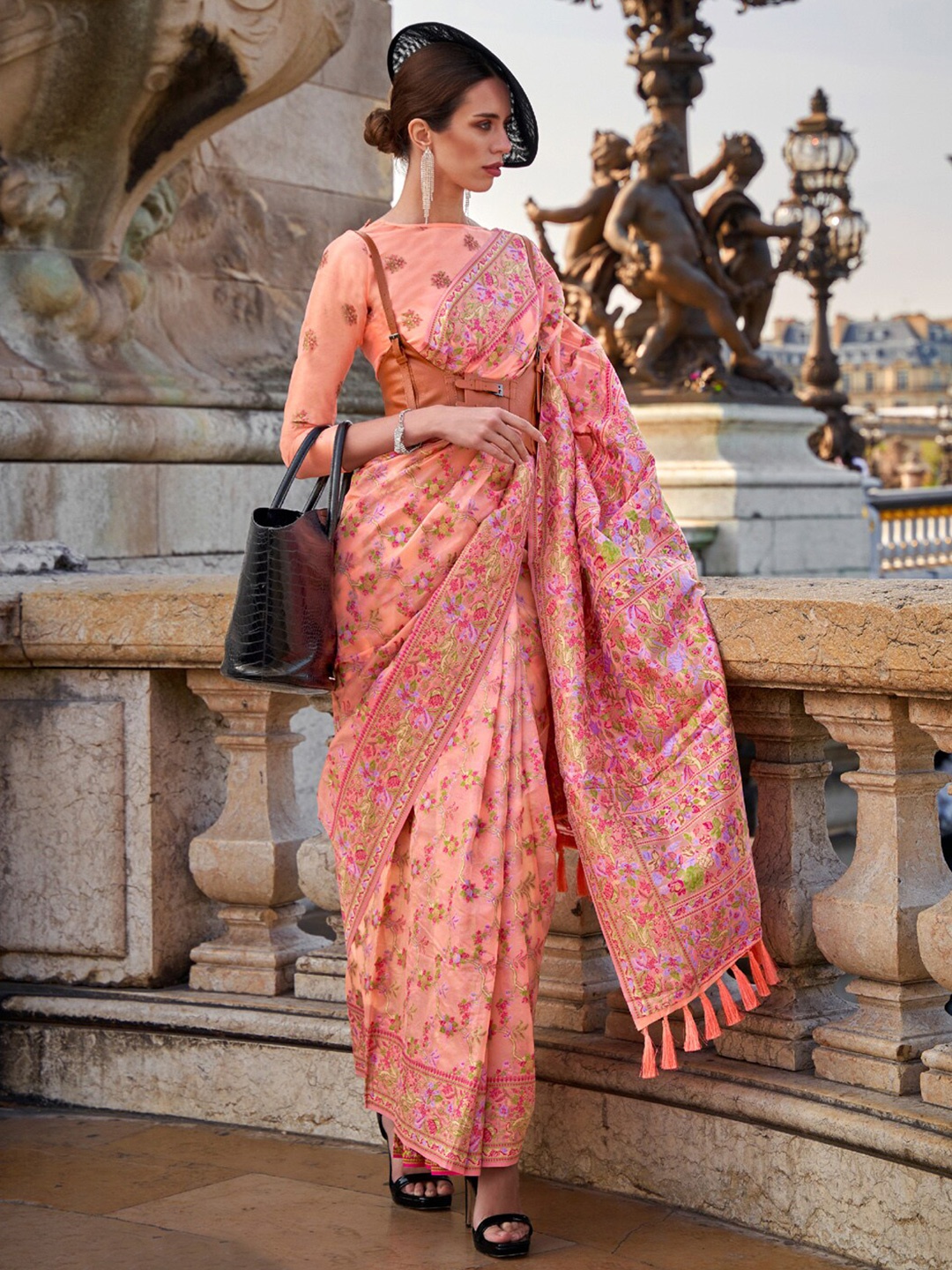 

Saree mall Floral Woven Design Organza Banarasi Saree, Peach