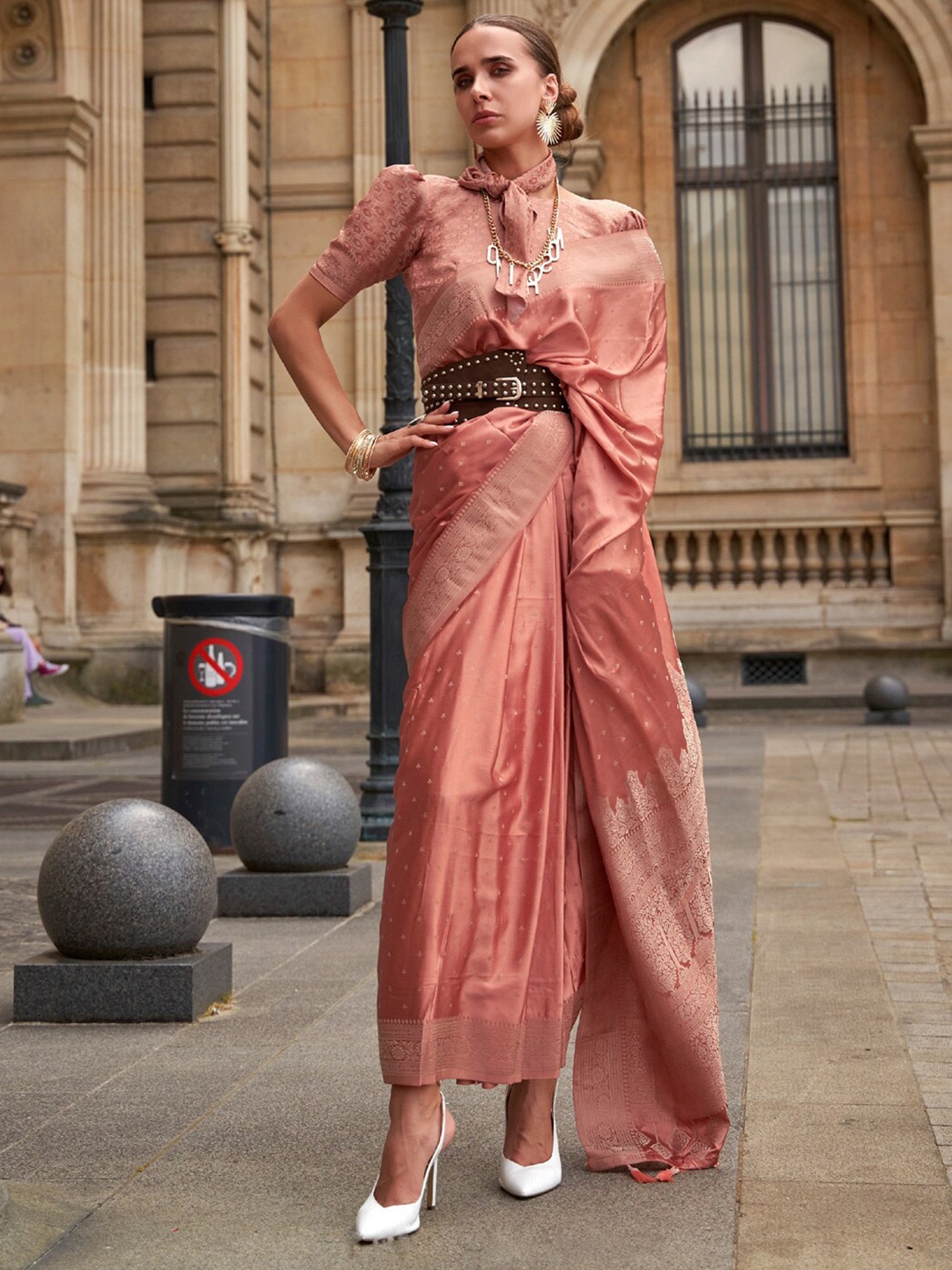 

Saree mall Ethnic Motifs Woven Design Zari Detail Sarees, Peach