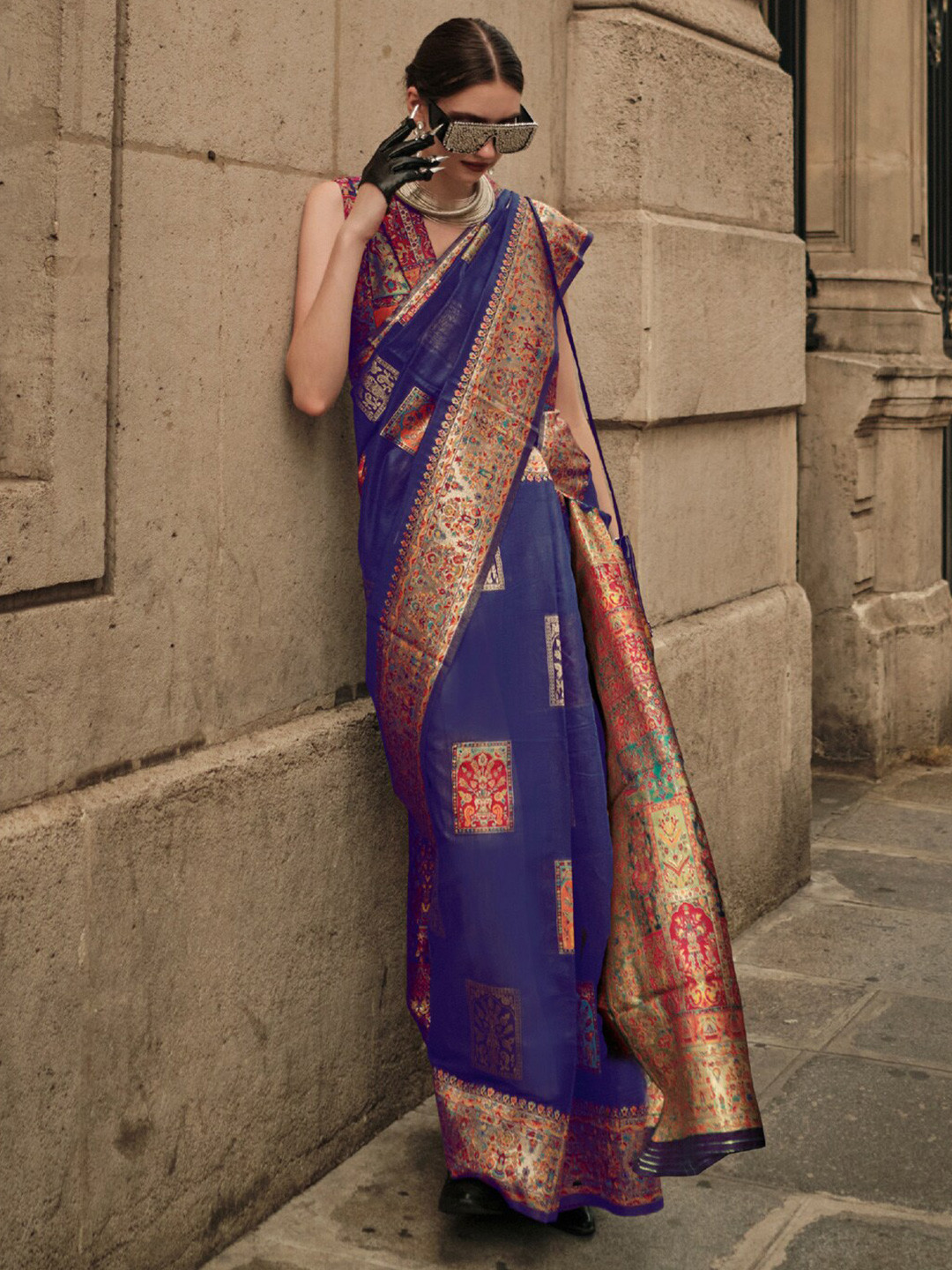 

Saree mall Ethnic Motifs Woven Design Zari Sarees, Blue