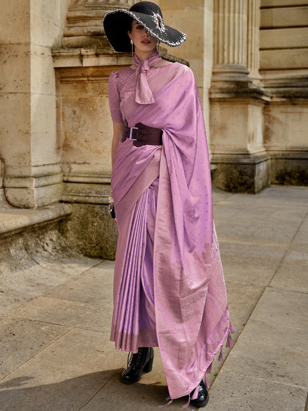 

Saree mall Ethnic Motifs Woven Design Zari Detail Satin Sarees, Lavender