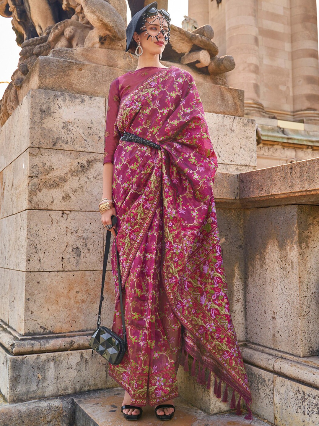 

Saree mall Floral Woven Design Zari Organza Sarees, Magenta