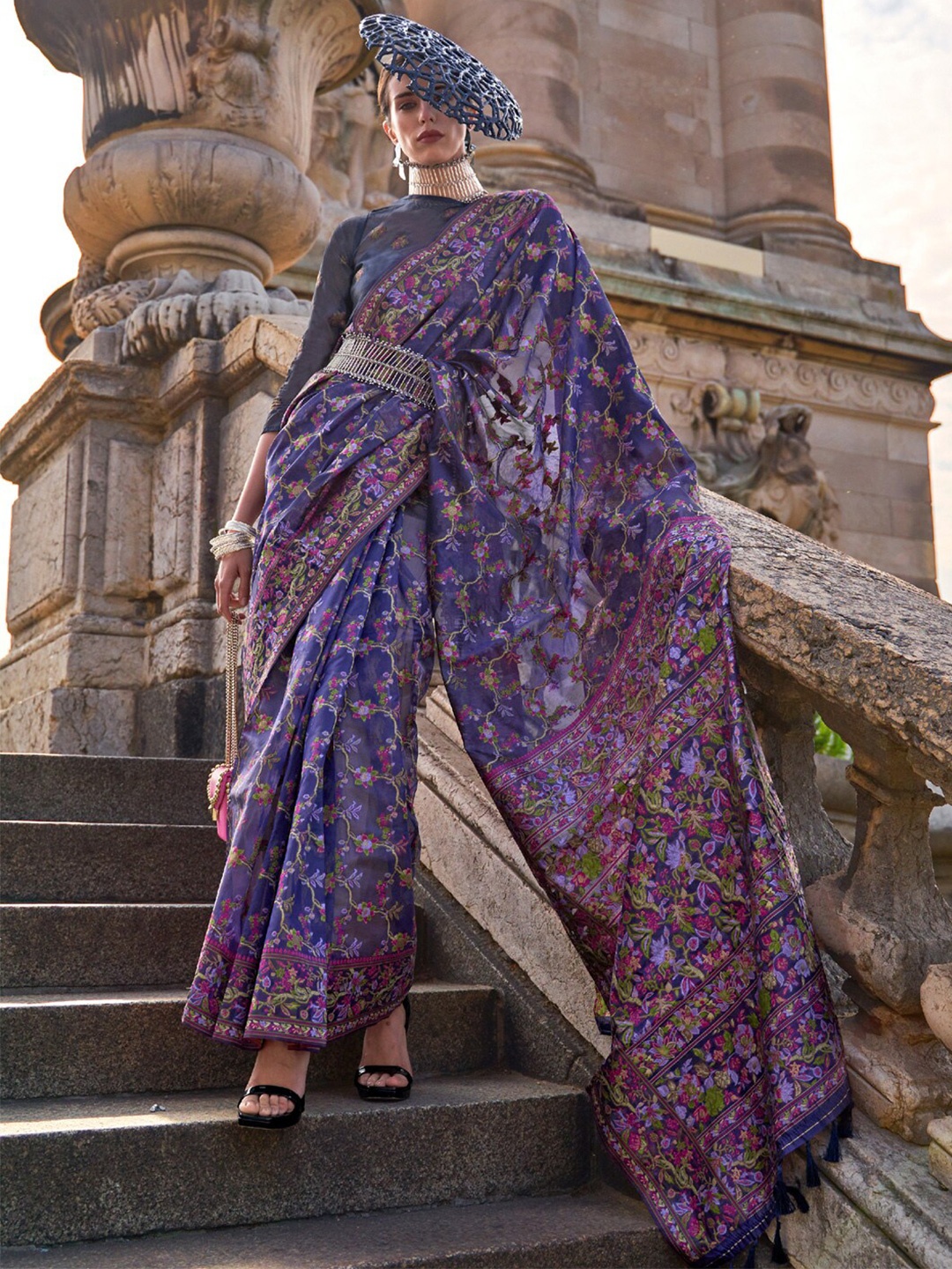 

Saree mall Floral Woven Design Zari Detail Organza Banarasi Sarees, Blue