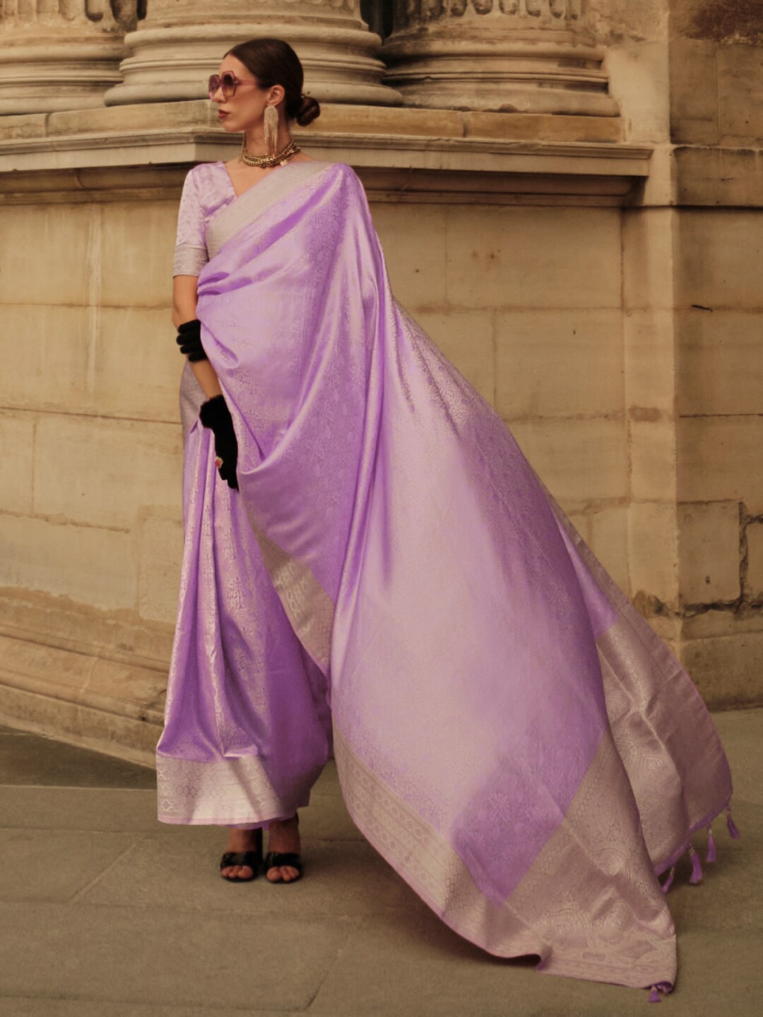 

Saree mall Floral Woven Design Zari Satin Sarees, Lavender